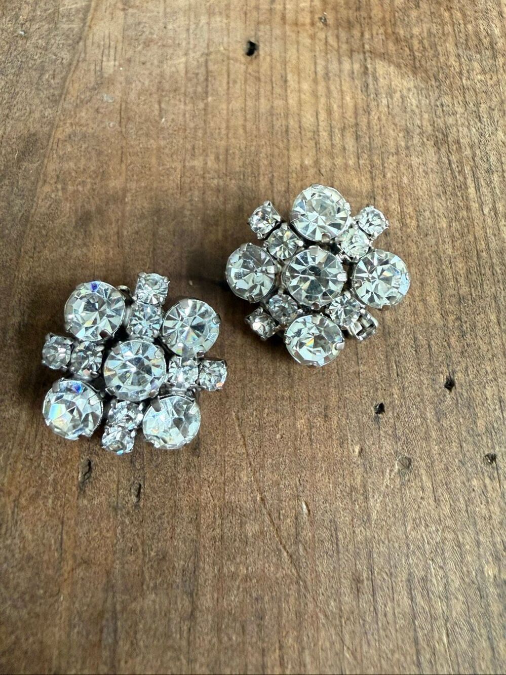 Vintage Rhinestone Cluster Button Clip On Earrings
